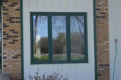 A close-up of a house wall featuring a large green-trimmed window set in white siding, with a section of exposed brick and shrubs below.
